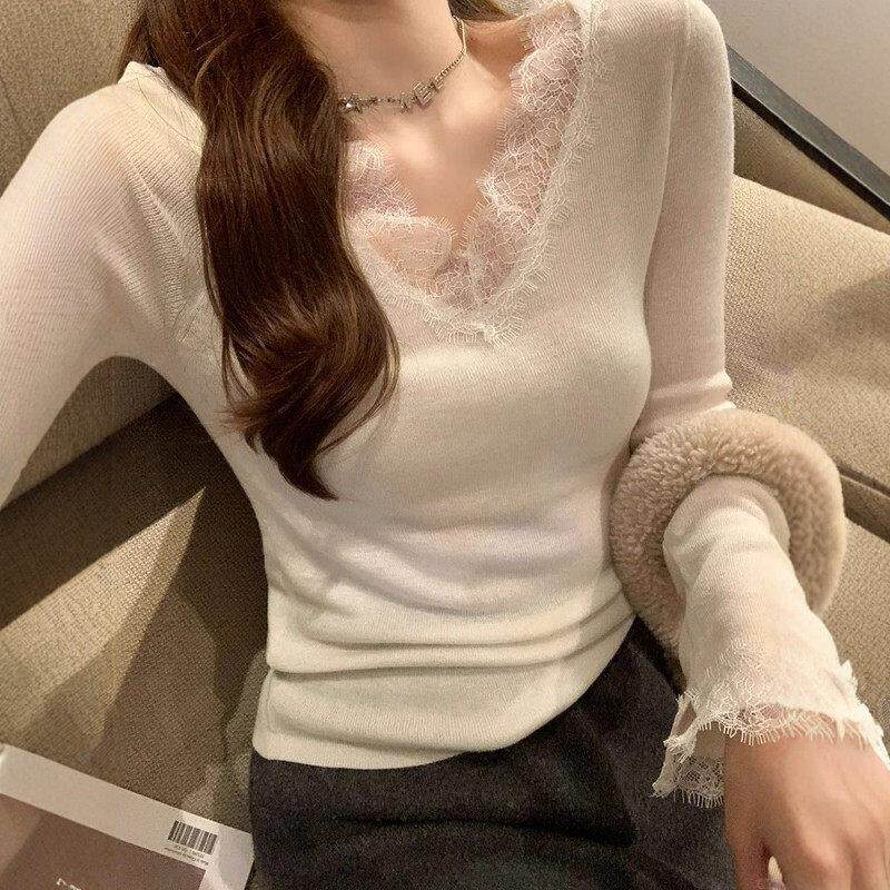 日系温柔风蕾丝v领长袖针织衫女春秋修身软糯内搭打底衫气质上衣