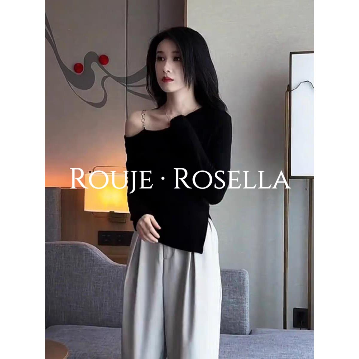 法国Rouje Rosella法式斜肩一字肩长袖T恤女春夏辣妹不规则上衣