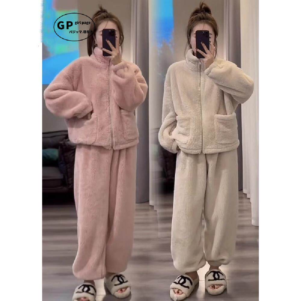 GP双面珊瑚绒睡衣女秋冬季加绒加厚潮流显瘦北极绒冬款套装家居服
