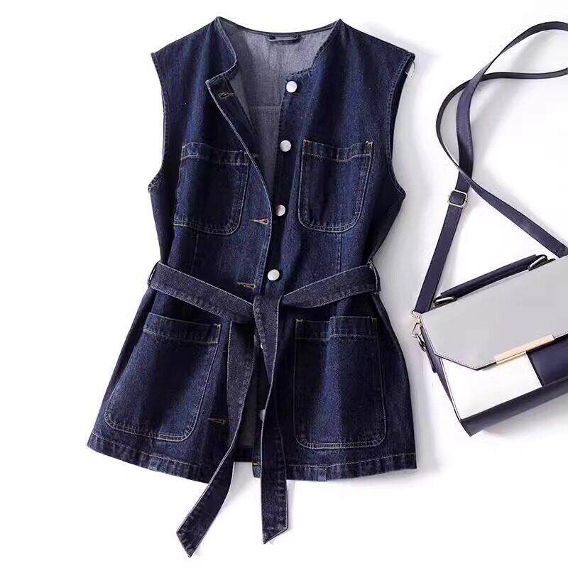 牛仔背心马甲女春秋新款复古工装大口袋上衣圆领收腰气质休闲马夹