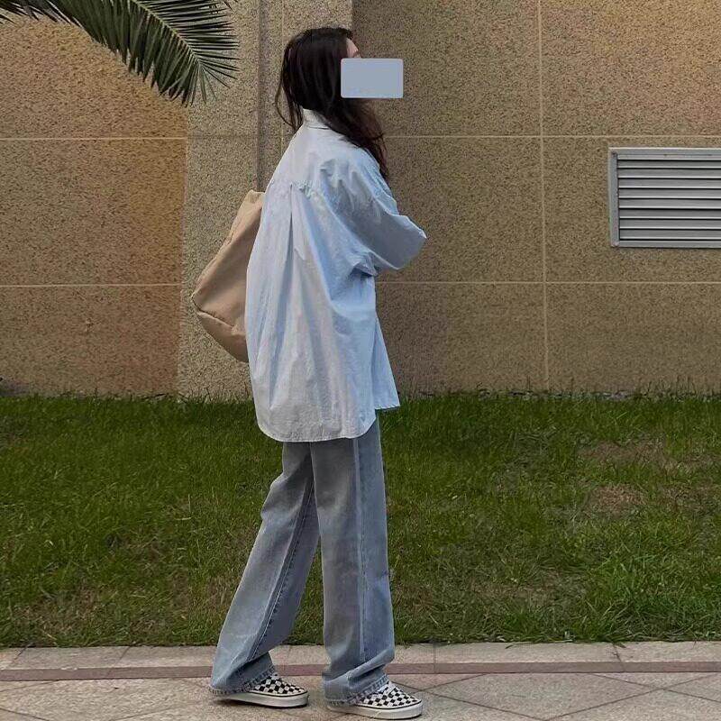 日系蓝色薄款长袖衬衫外套女2025春夏新款百搭慵懒风小众宽松上衣