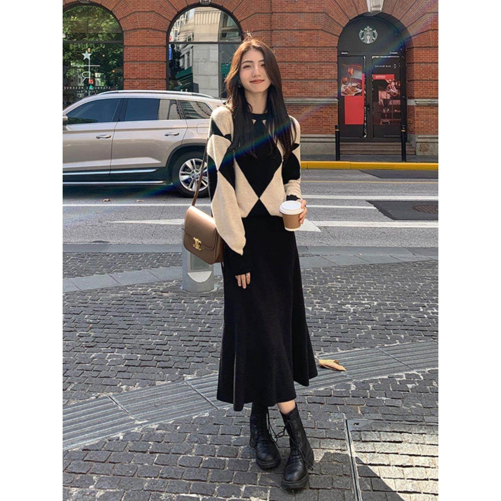 欧洲站秋装新款港味覆古桔梗盐系温柔风显瘦菱格毛衣半身裙两件套