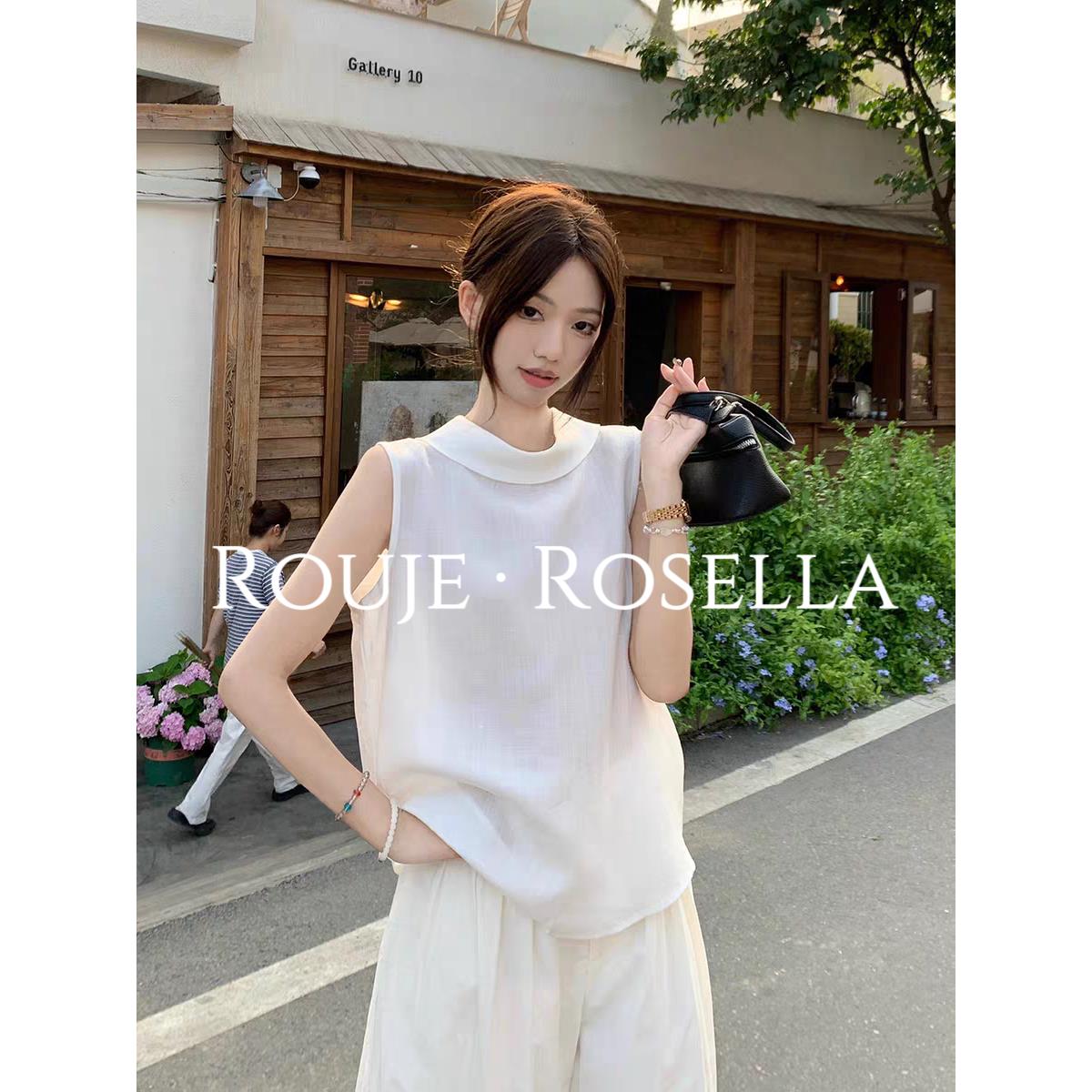 法国Rouje Rosella?艺术高智气质小姐姐夏季无袖翻领衬衫上衣