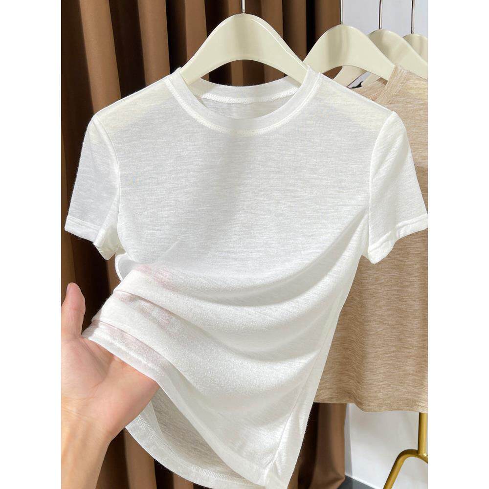 韩国圆领薄白t恤女子夏季2025冰丝绸针织面膜短袖内层衬衫上衣