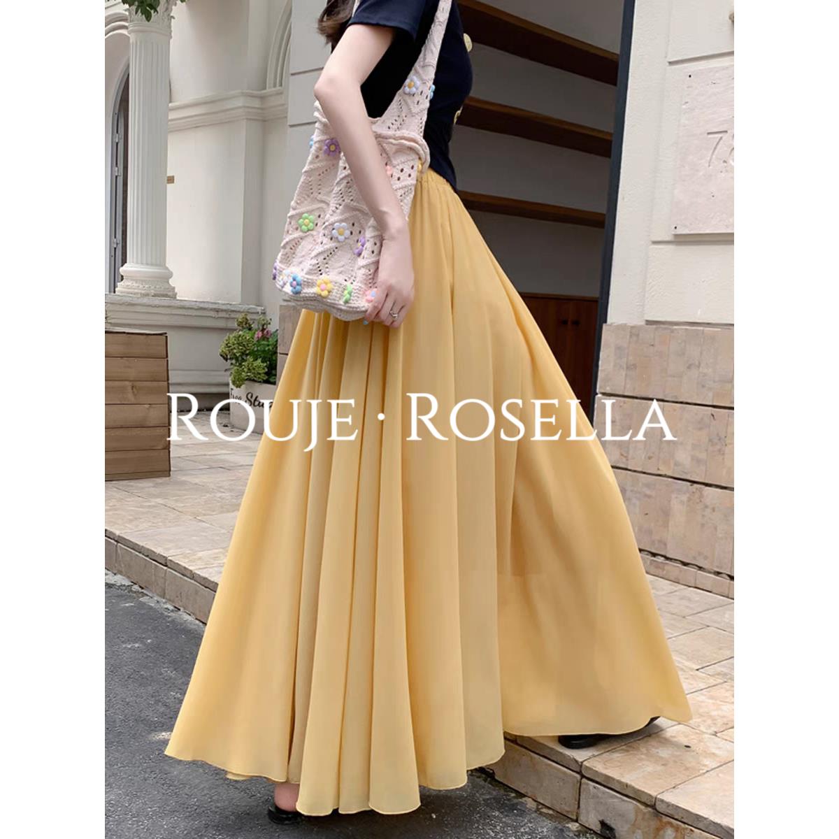 法国Rouje Rosella法式雪纺百褶半身裙女夏垂感a字伞裙大摆长裙