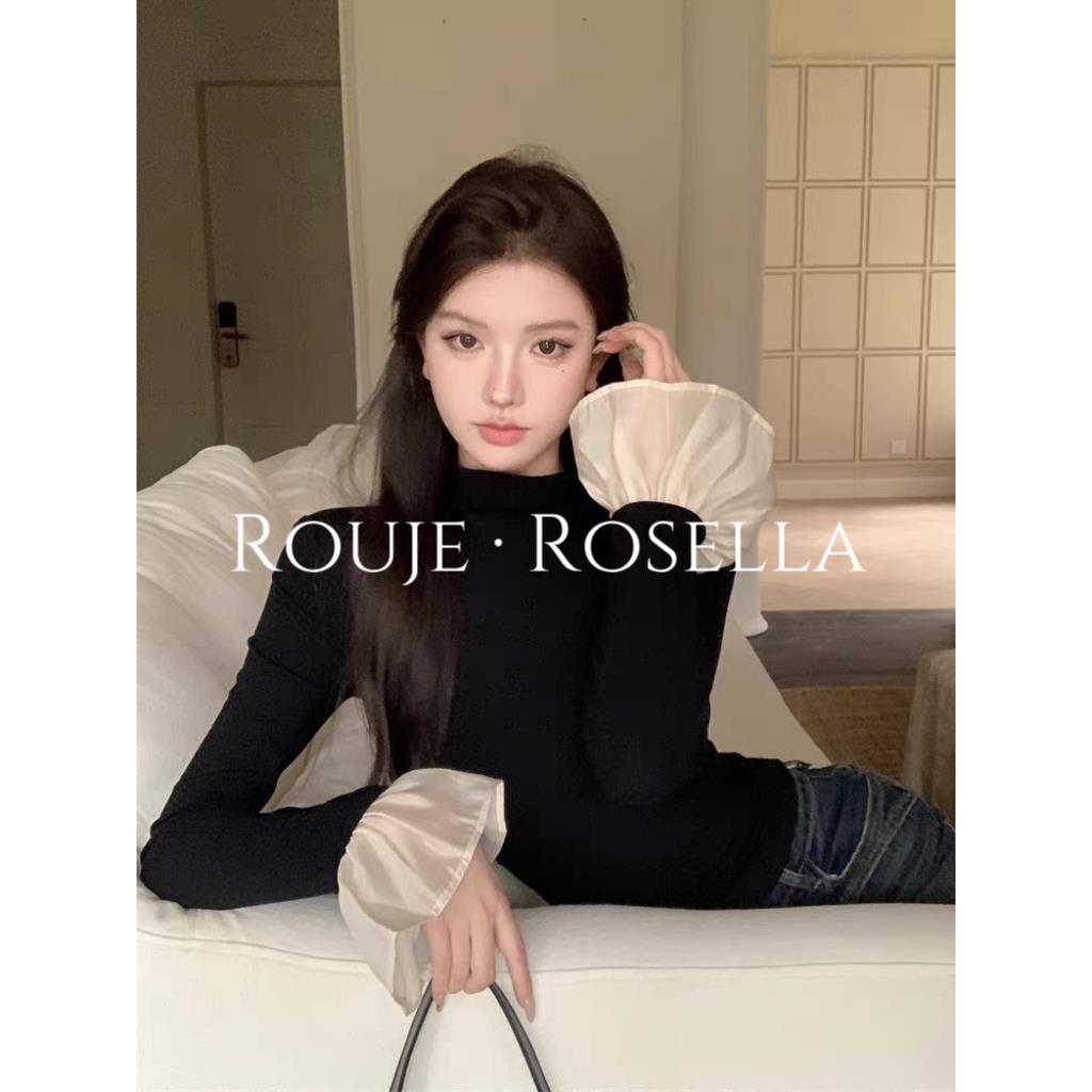 法国Rouje Rosella?喇叭袖荷叶边针织上衣女长袖内搭修身打底衫