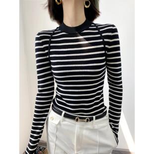 法国Rouje Dsyle黑白条纹长袖打底针织衫女秋季羊毛内搭薄款上衣