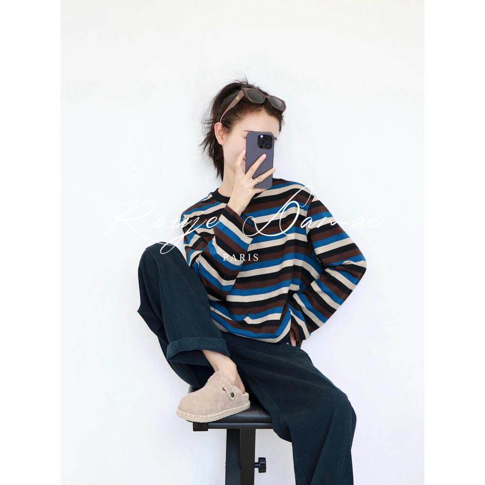 Rouje Damas松弛有型针织衫艺术感配色条纹落肩宽松慵懒风T恤上衣