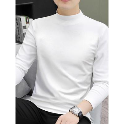 中领长袖t恤男士休闲修身内搭2025新款纯棉加绒白色半高领打底衫