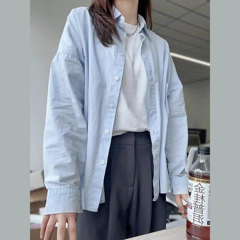 日系蓝色长袖衬衫外套女春秋新款设计感法式小众防晒衬衣开衫上衣