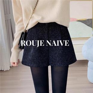胖mm阔腿高腰显瘦A字靴裤 ROUJE 大码 女秋冬季 NAIVE黑色灯芯绒短裤