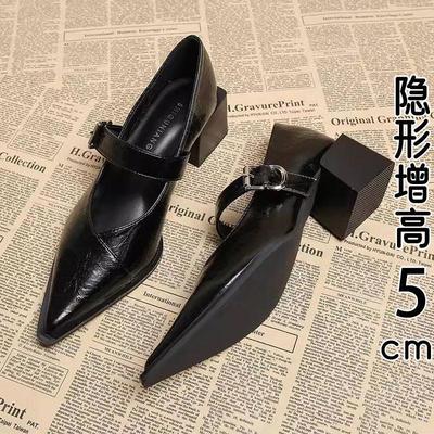 香港真皮尖头玛丽珍单鞋女春秋2025新款爆款浅口粗跟小皮鞋高跟鞋