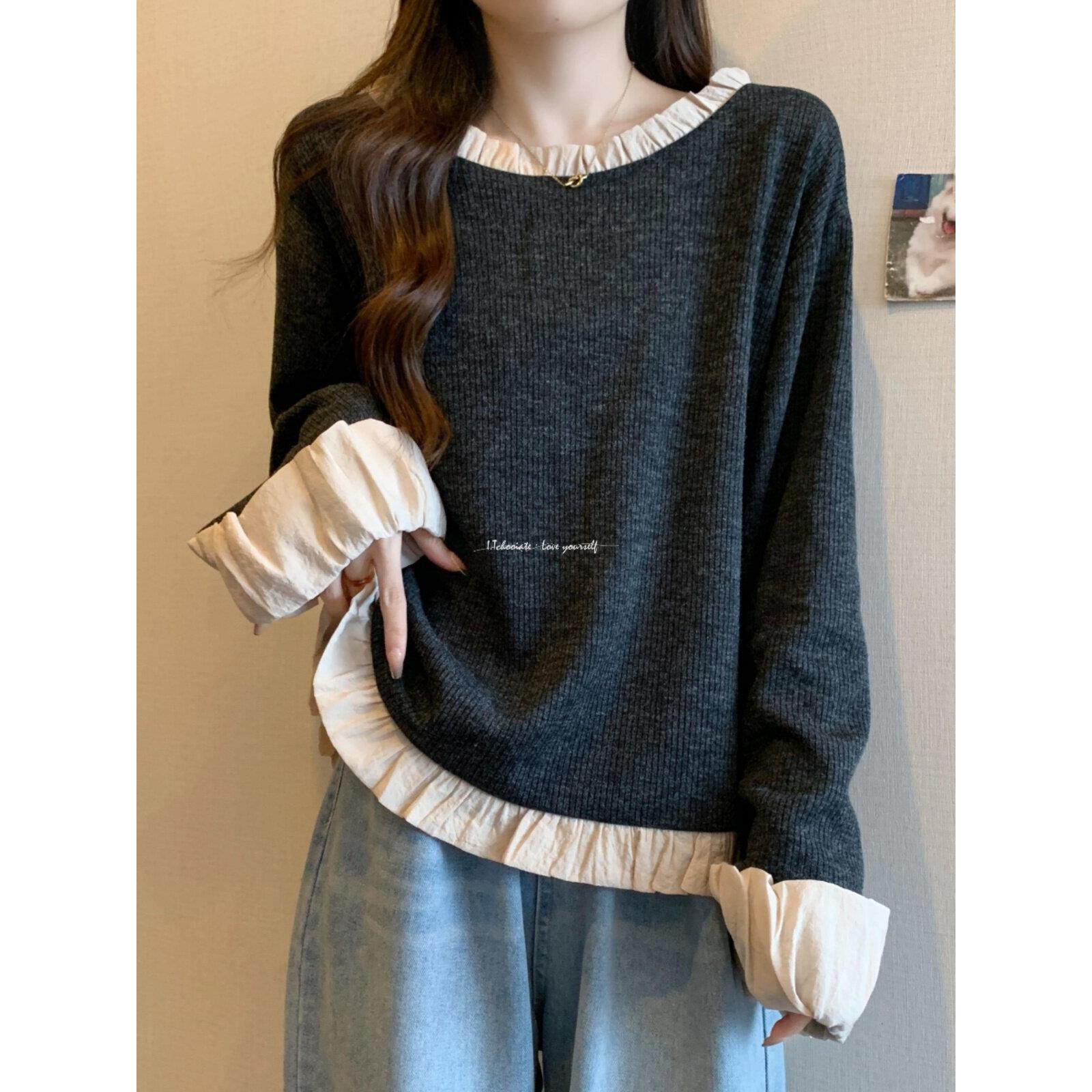 I.Tchooiate覆古花边小众毛衣女秋显瘦打底针织衫高级设计感上衣