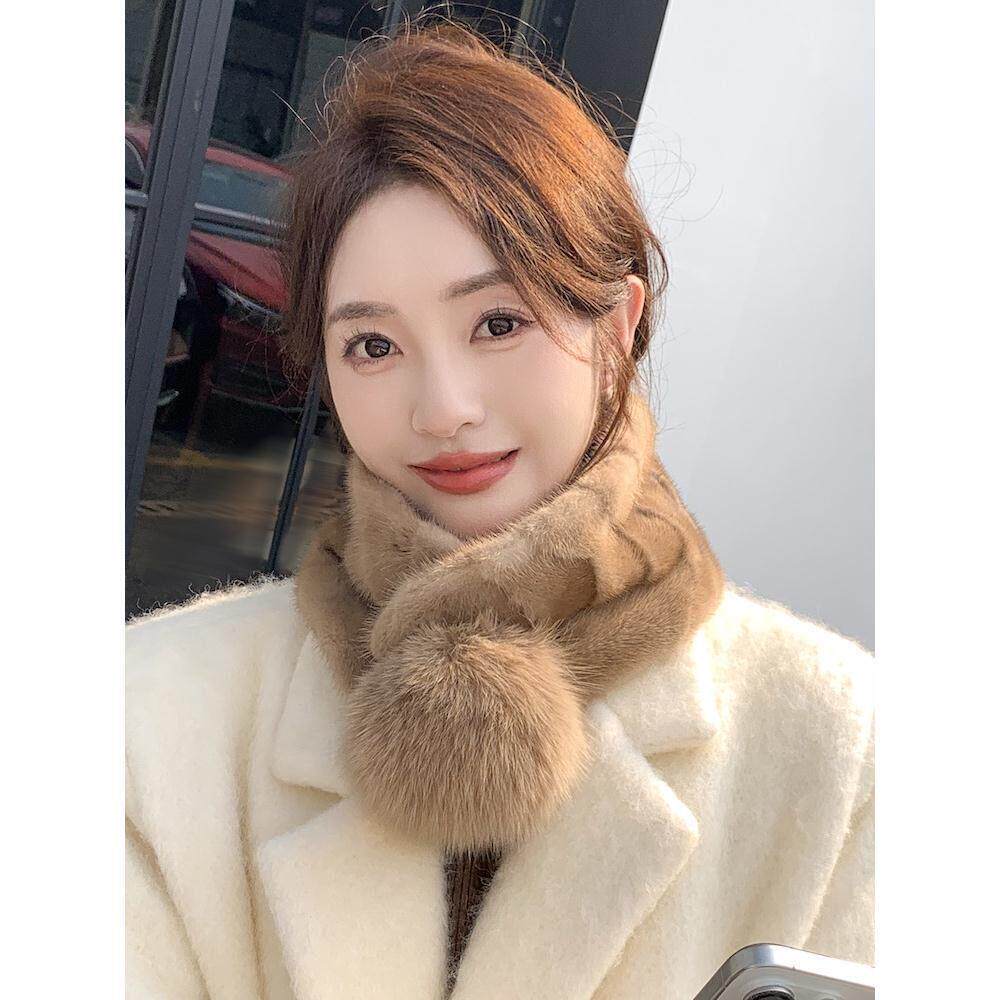 水貂毛皮草围巾女冬季韩版高级感保暖双面毛绒护颈围脖狐狸毛球球