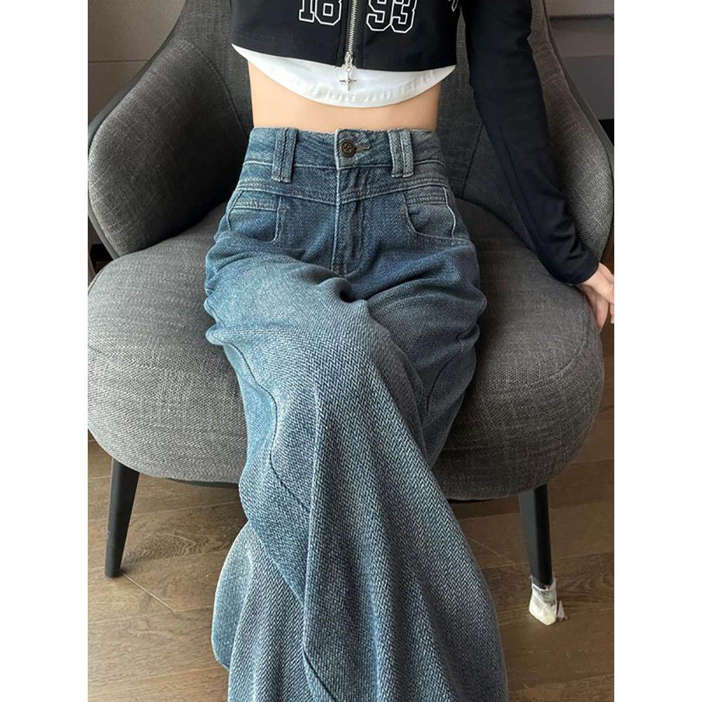 爆款高腰阔腿牛仔裤女2025秋冬新款加绒加厚小个子窄版覆古拖地裤