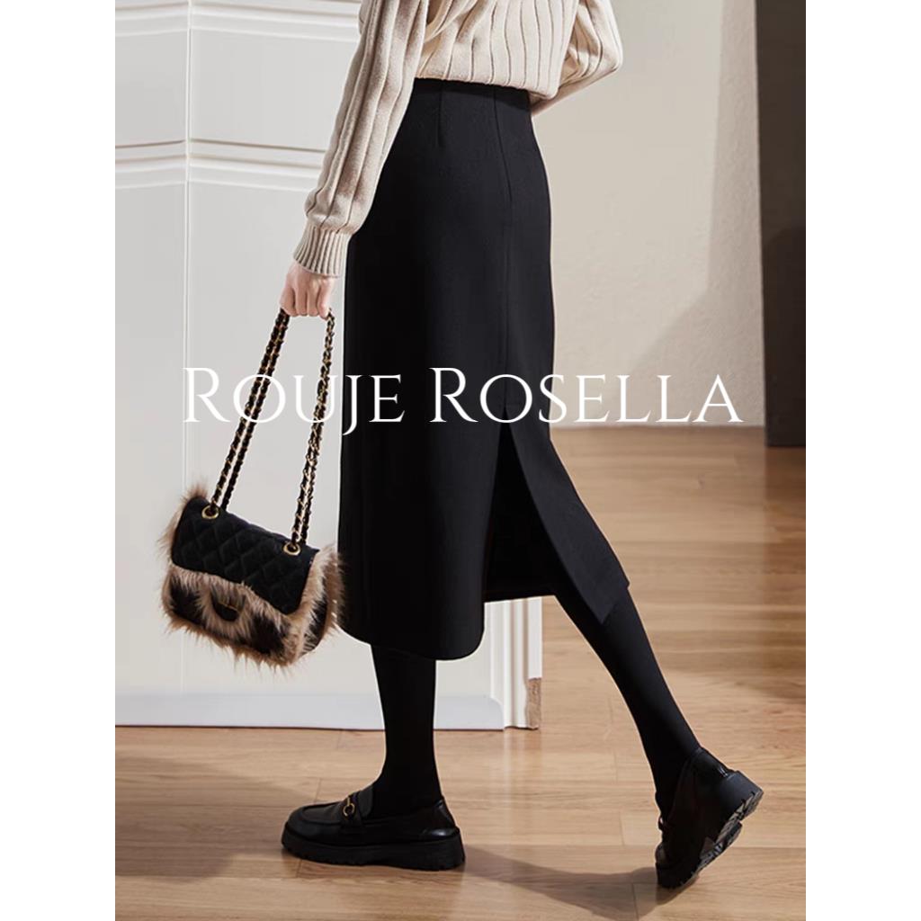 法国Rouje Rosella优雅迷人⭐毛呢半身裙女高腰加厚开叉包臀裙