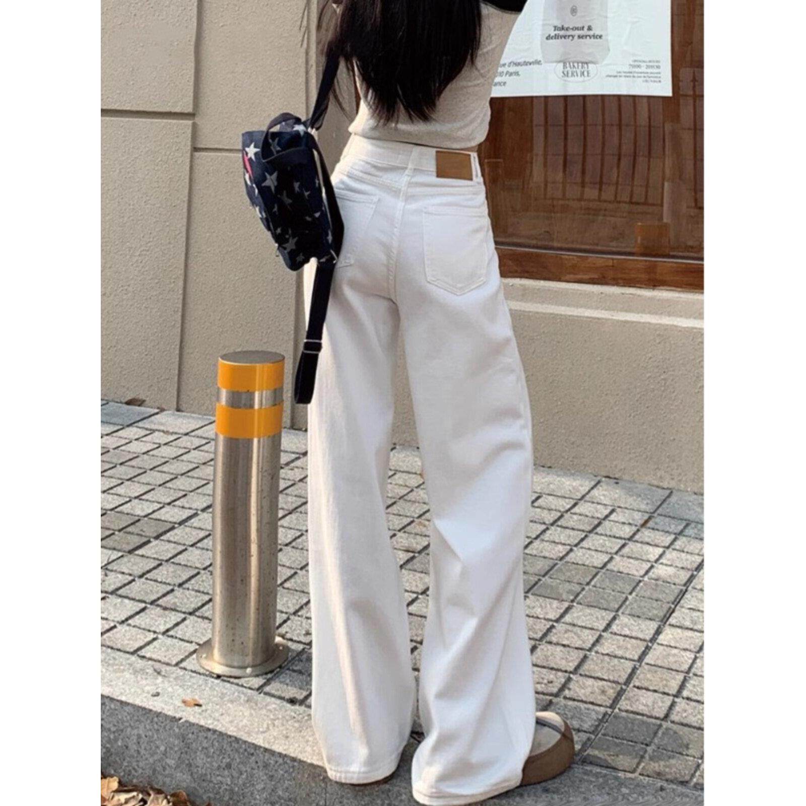 法国鲁耶天真优雅的白色阔腿牛仔裤女士高腰宽松直腿垂地长裤