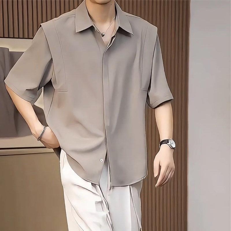 潮牌冰丝薄款短袖衬衫男夏季韩版简约开衫潮流纯色免烫休闲上衣
