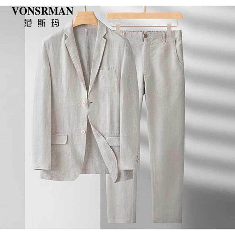 Vonsrman 男士亚麻西服套装高端轻奢休闲商务薄款棉麻西装两件套