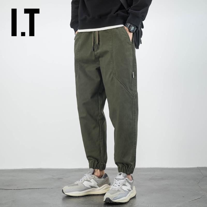 香港潮牌军绿纯棉工装裤男宽松束脚休闲布裤春秋百搭松紧腰长裤子