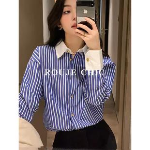 设计感气质长袖 rouje 女春秋新款 蓝色条纹衬衫 衬衣上衣 chic法式