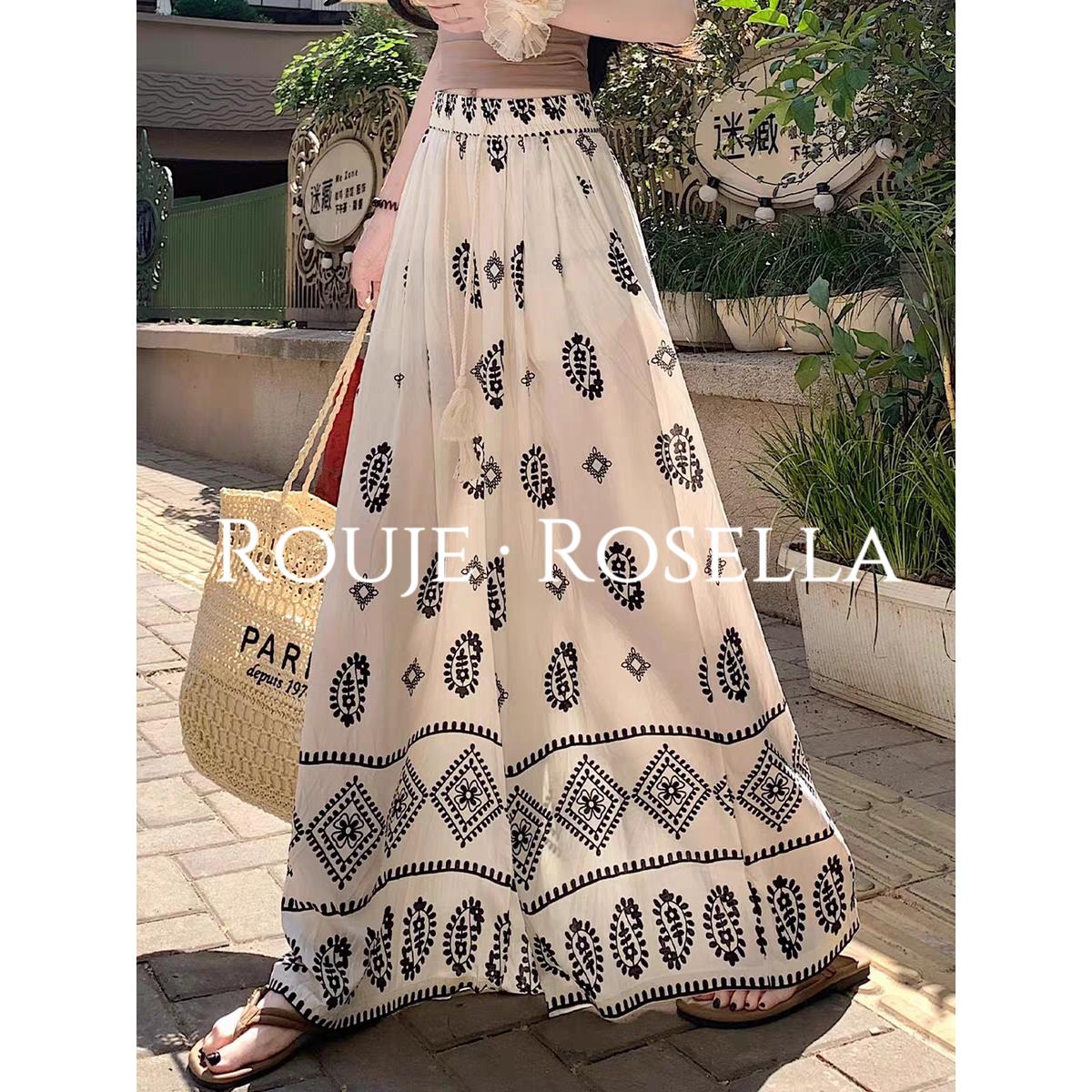 法国Rouje Rosella⭐法式度假民族印花阔腿裙裤女夏直筒休闲裤裙