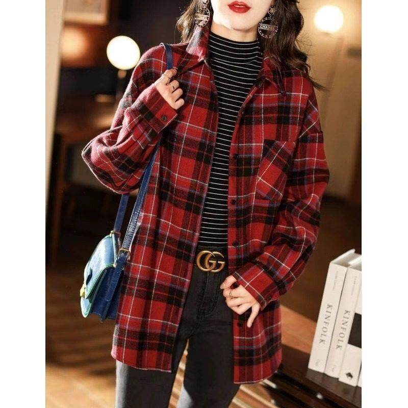 欧洲站磨毛格子衬衫女春秋冬季新款宽松中长版红色长袖叠穿外套潮