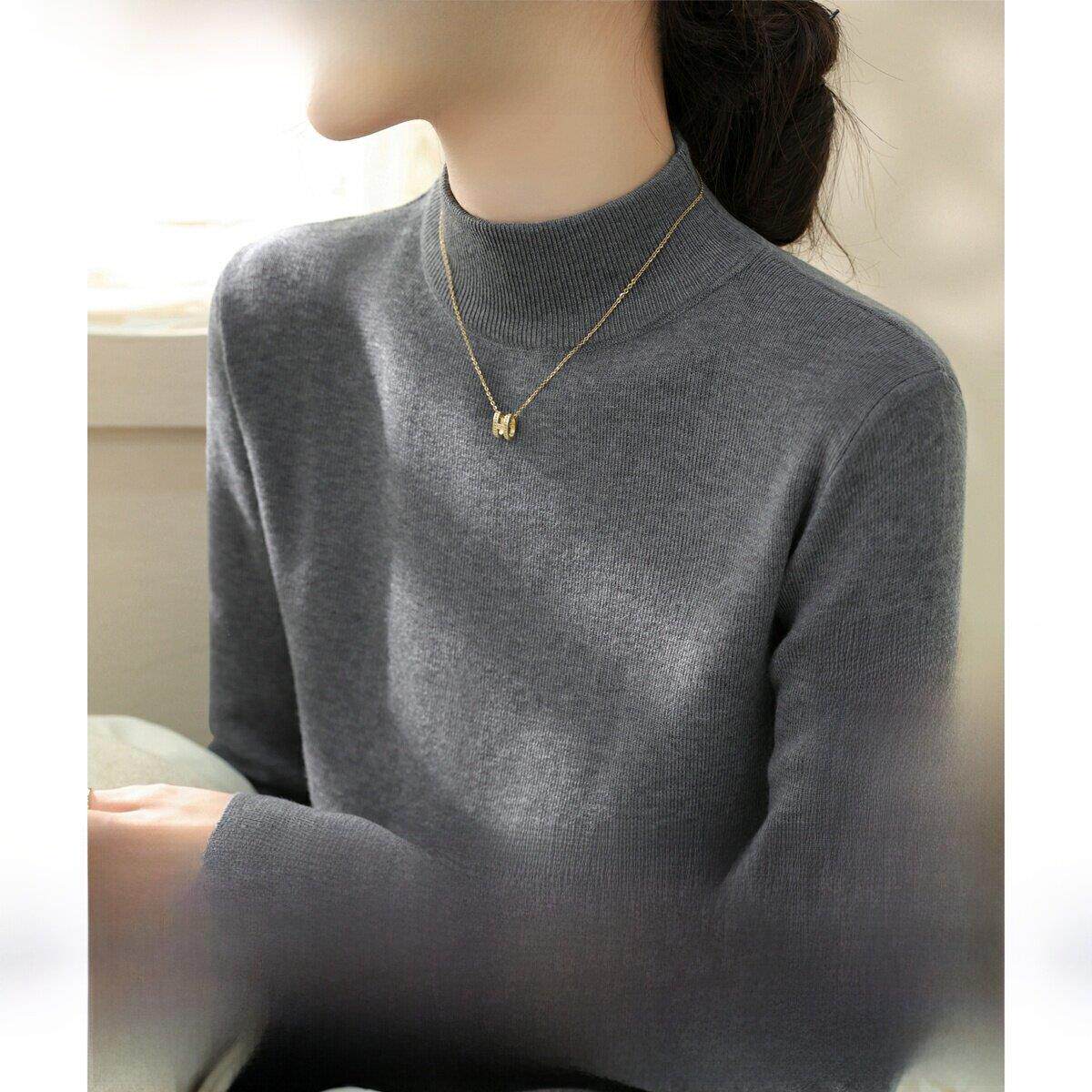 灰色半高领内搭100%羊毛针织衫女装秋冬新款高级长袖修身打底上衣