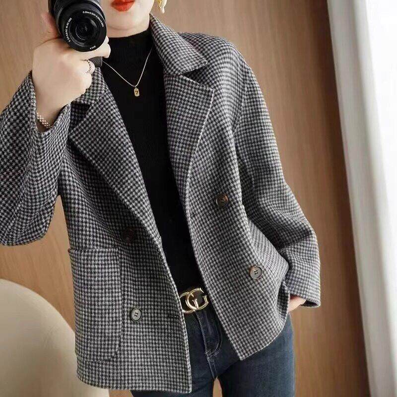LILY MOST千鸟格呢子外套女短款秋冬新款时尚毛呢格子双排扣通勤
