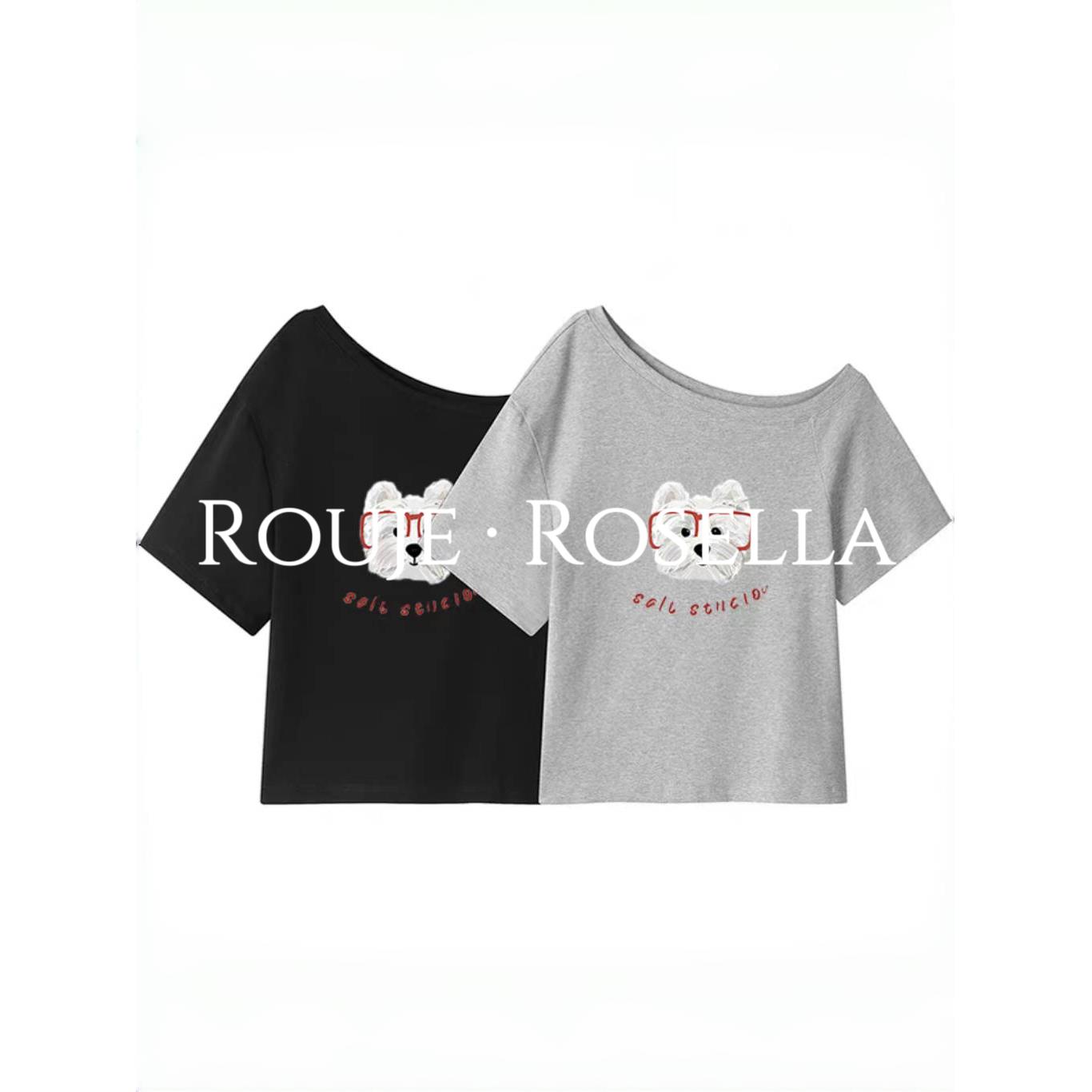 法国Rouje Rosella⭐灰色小狗印花斜肩露肩短袖t恤女夏宽松小上衣