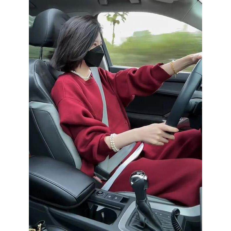 香港高级感红色运动套装女秋冬2025新款慵懒风宽松休闲卫衣两件套