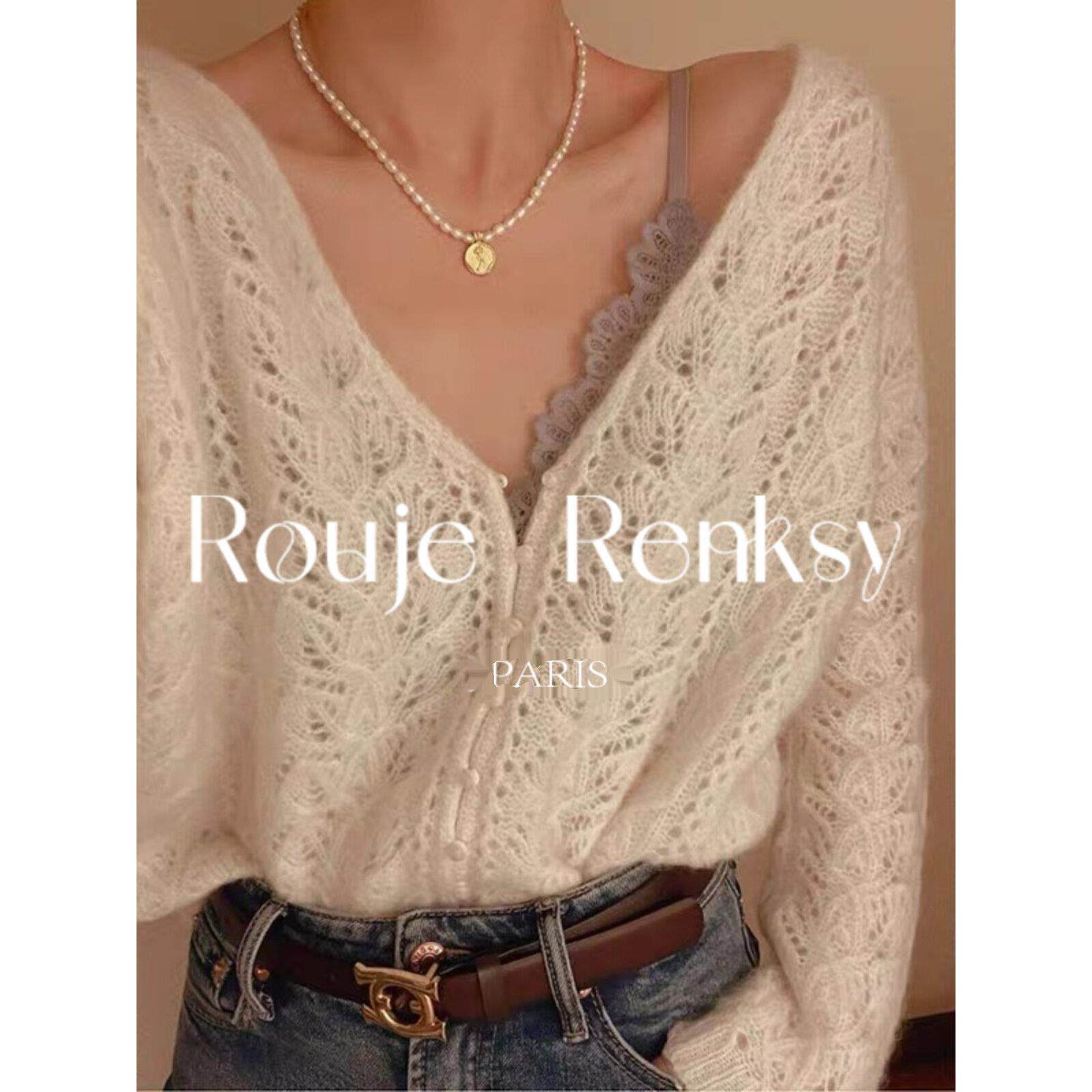 法国Rouje Renksy纯欲设计感镂空马海毛针织衫女秋冬小众薄款毛衣