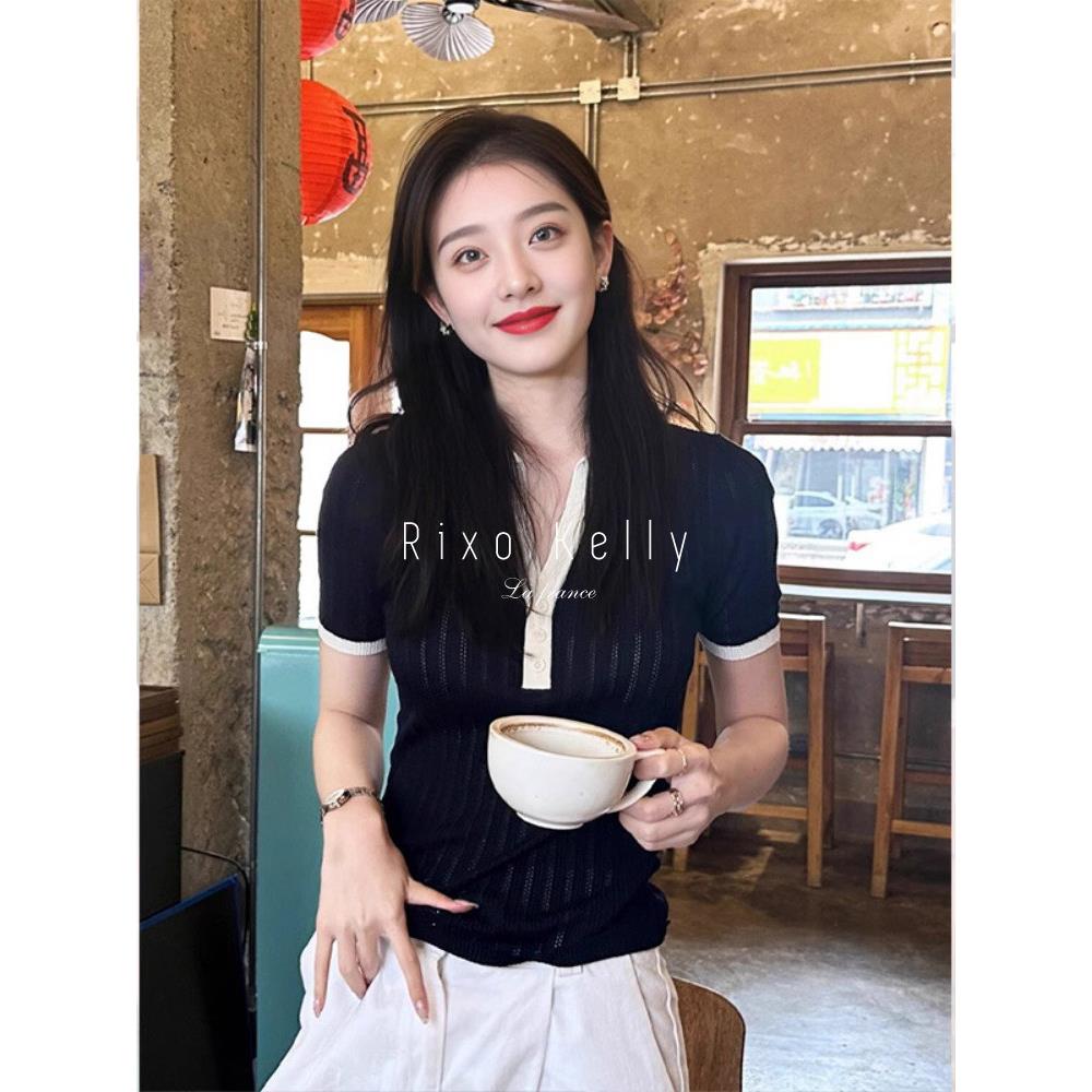 Rixo Kelly黑色polo衫正肩短袖t恤独特短款设计感小众针织衫上衣