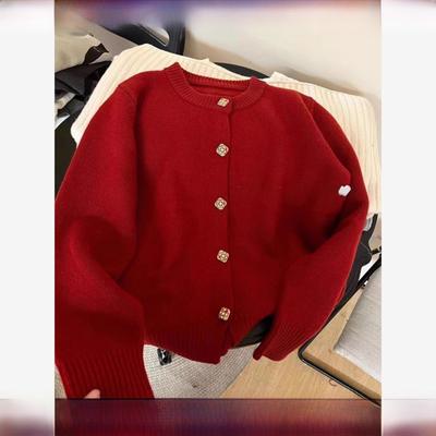 Rouje tusse新年红色羊毛针织开衫女秋冬内搭打羊绒毛衣外套上衣