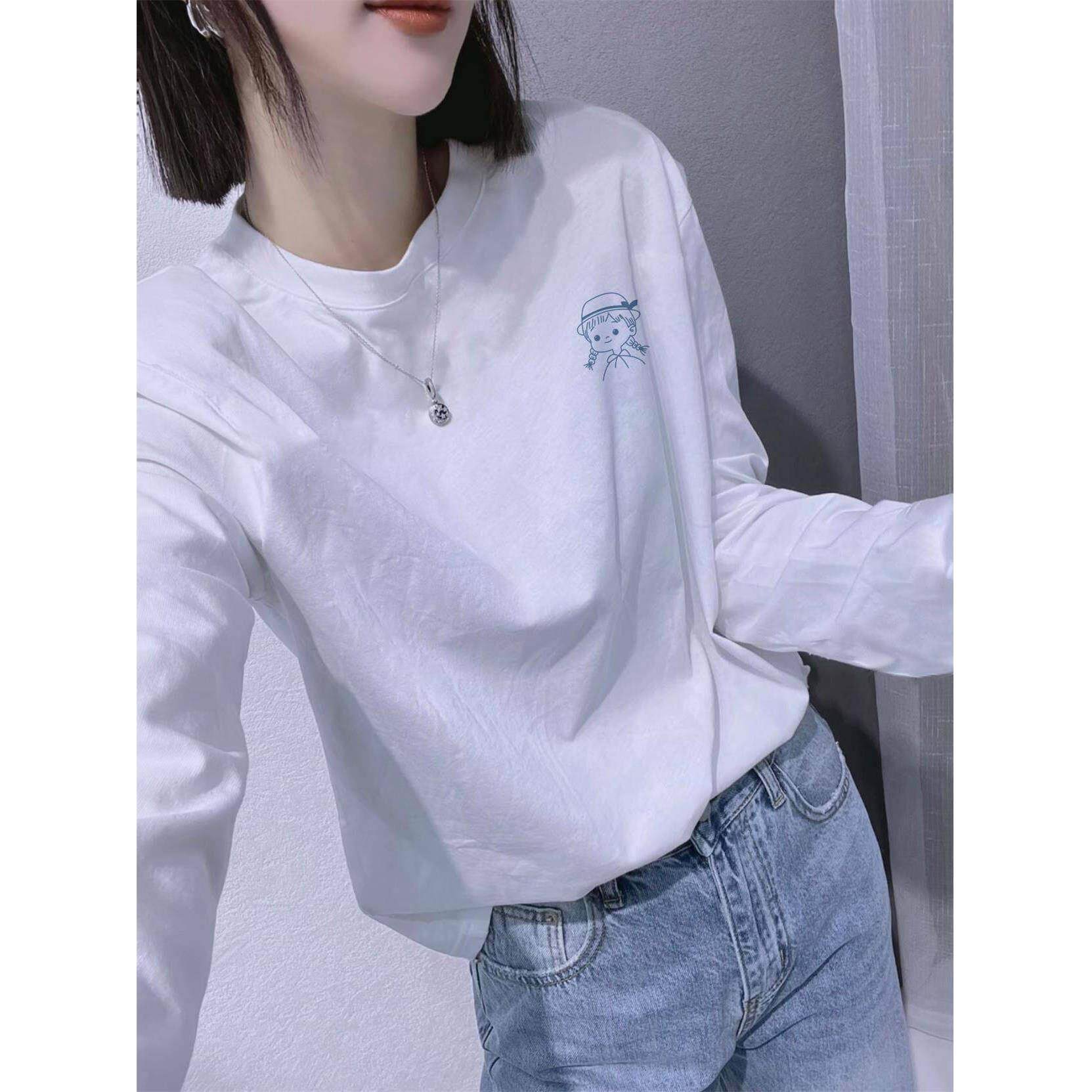 韩国白色长袖t恤女2025春秋季新款纯棉宽松小个子内搭打底衫上衣