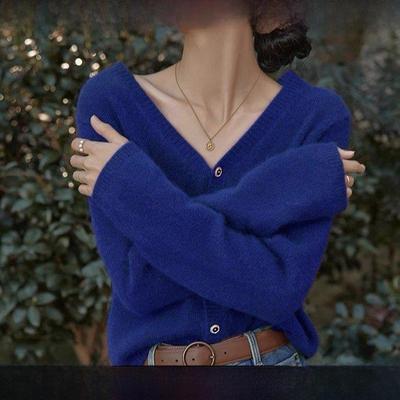Rouje Tusse秋冬Klein蓝色v领针织开衫女士慵懒温柔风格羊绒毛衣