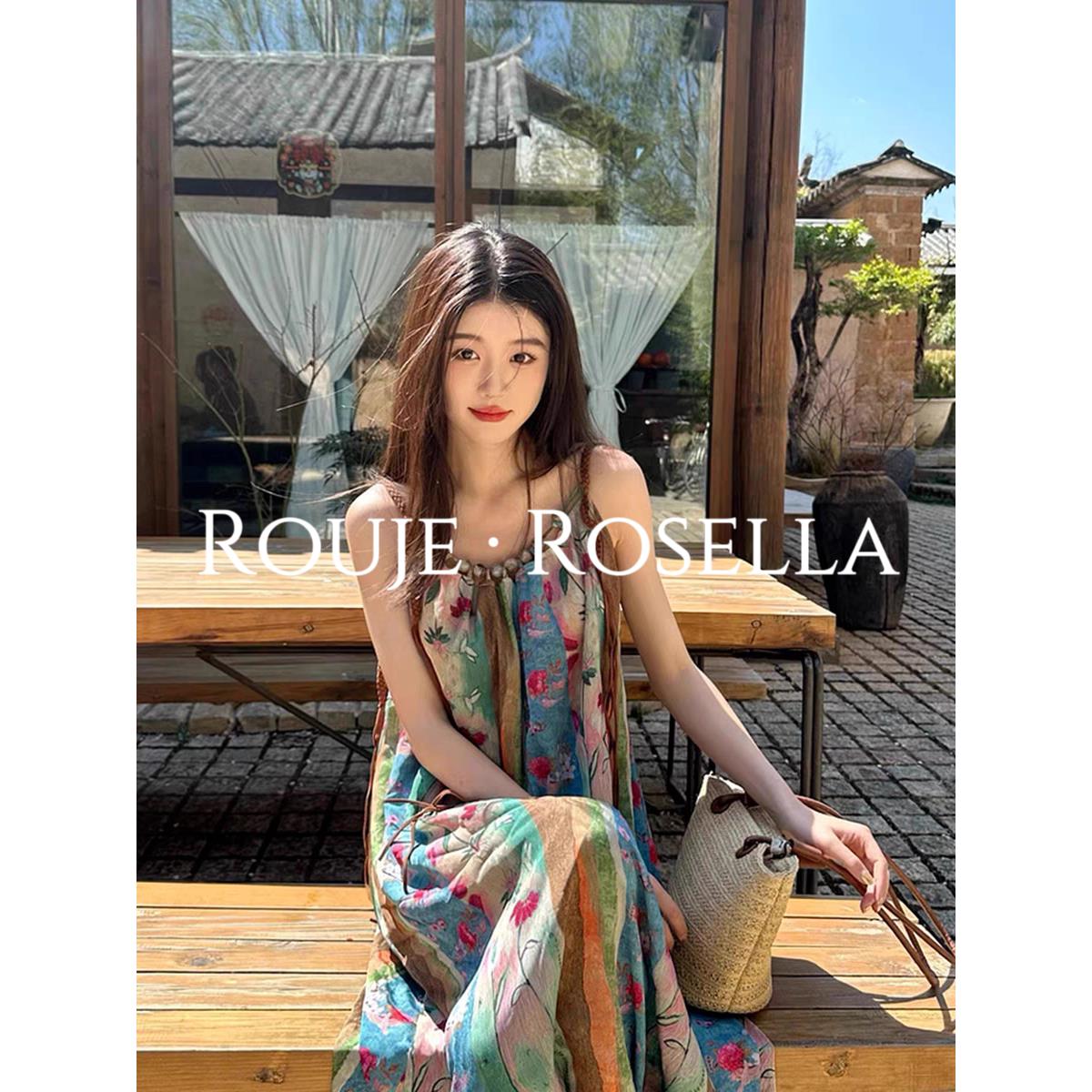 法国Rouje Rosella法式复古碎花吊带连衣裙女夏海边度假长裙子