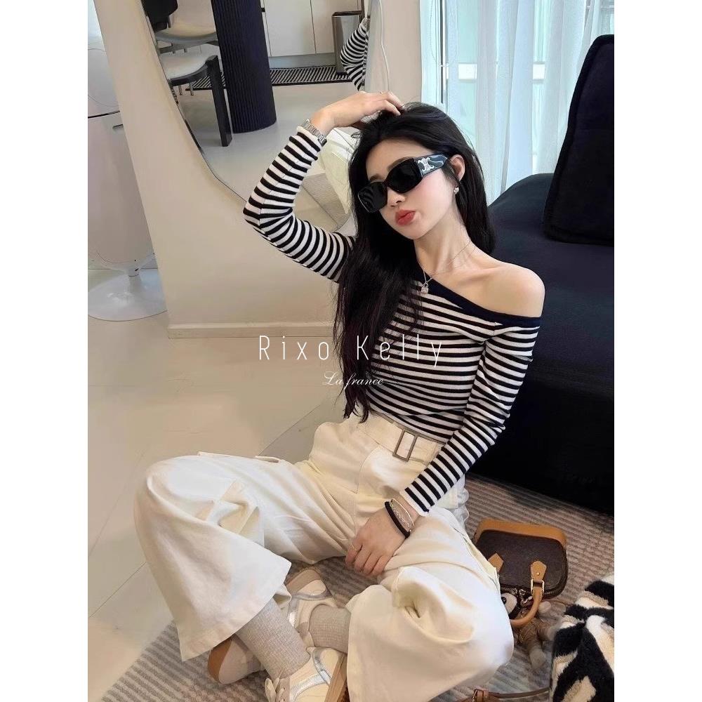 Rixo Kelly新款设计感小众超好看一字肩条纹毛衣针织衫女修身上衣