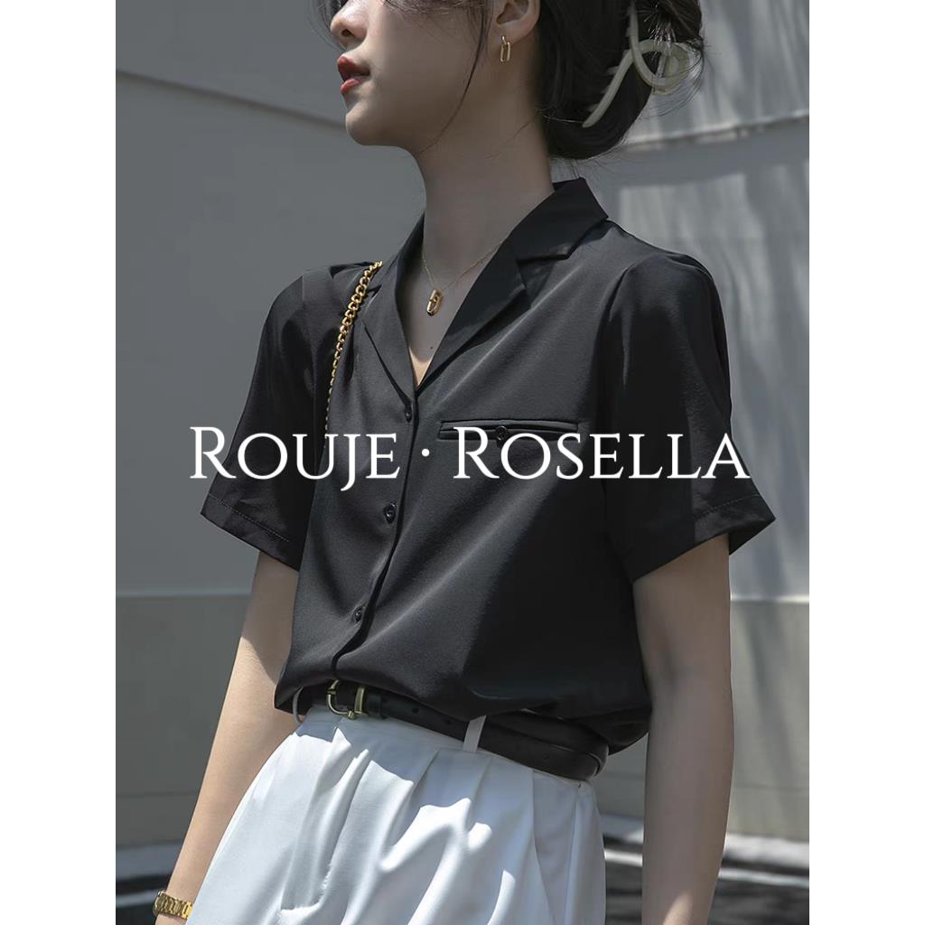 法国Rouje Rosella优雅简约⭐高级感黑色短袖衬衫女夏宽松上衣