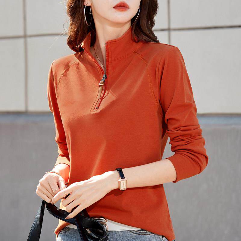 韩国秋季长袖T恤女 立领拉链设计通勤风显瘦打底上衣新款休闲百搭