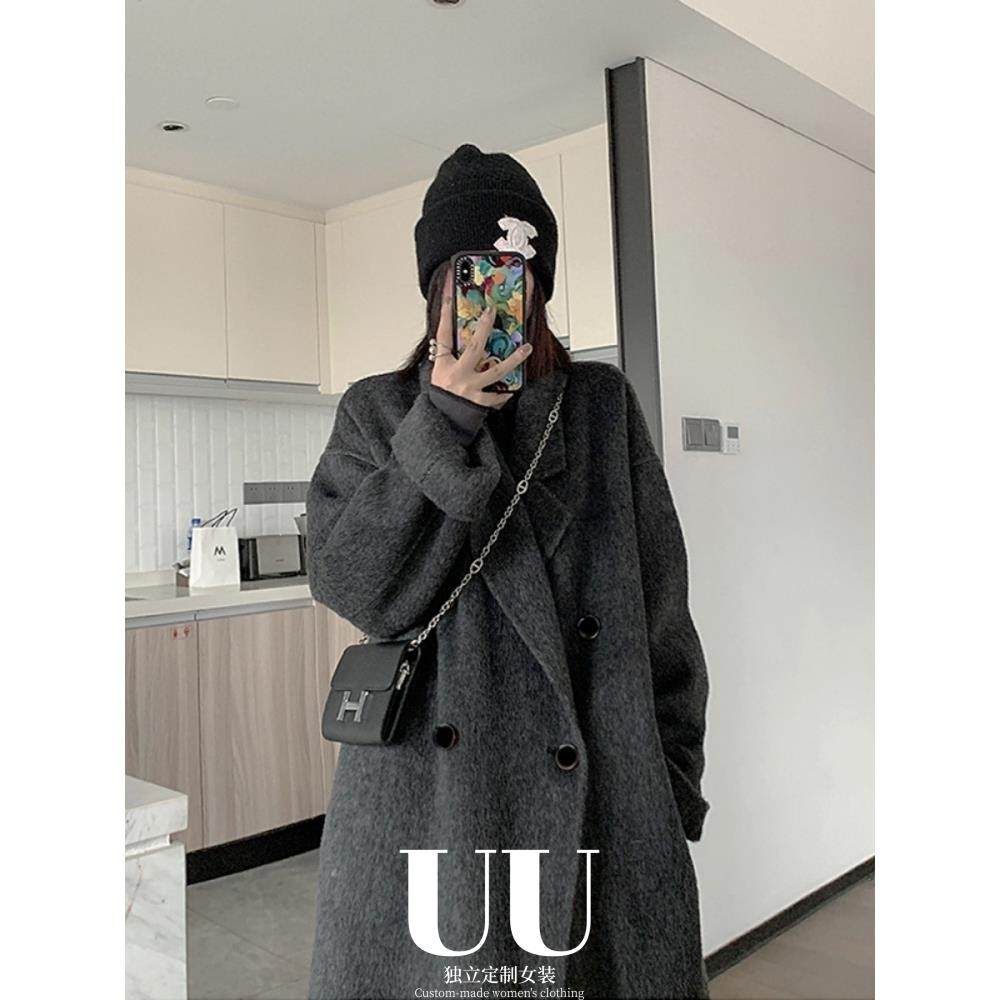 UU定制/秋冬高端新款羊驼绒双面羊毛大衣女中长气质灰色毛呢外套