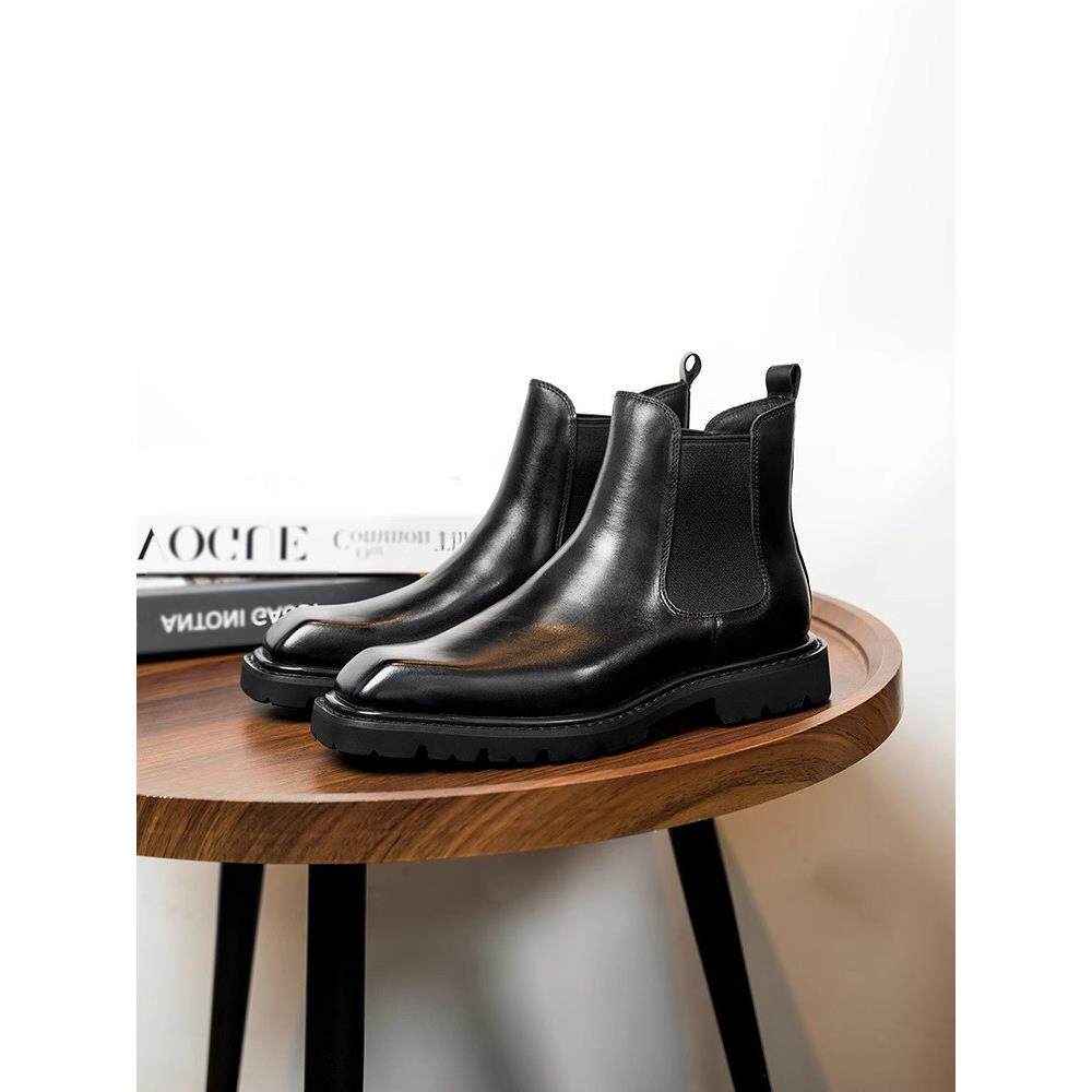 罗德梅科韩版真皮切尔西靴男英伦方头休闲牛皮靴厚底高帮素面男靴