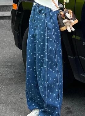 法国Rixo Kelly休闲宽松设计感垂坠裤子女蓝色印花阔腿百搭牛仔裤