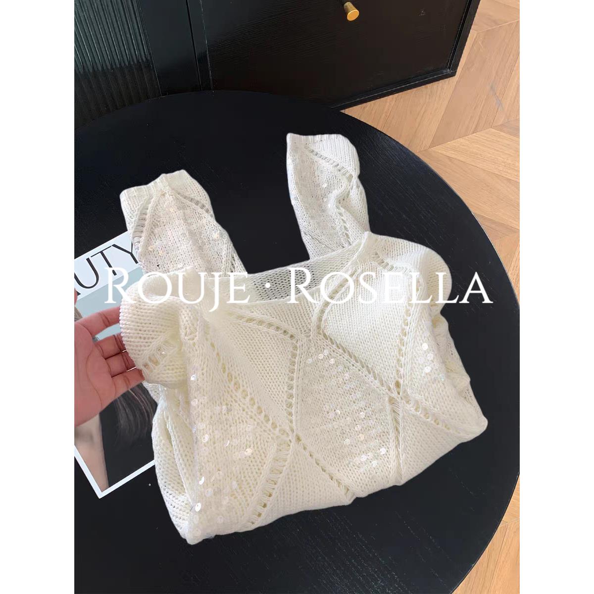 法国Rouje Rosella设计感菱形重工亮片镂空针织绝美女宽松毛衣