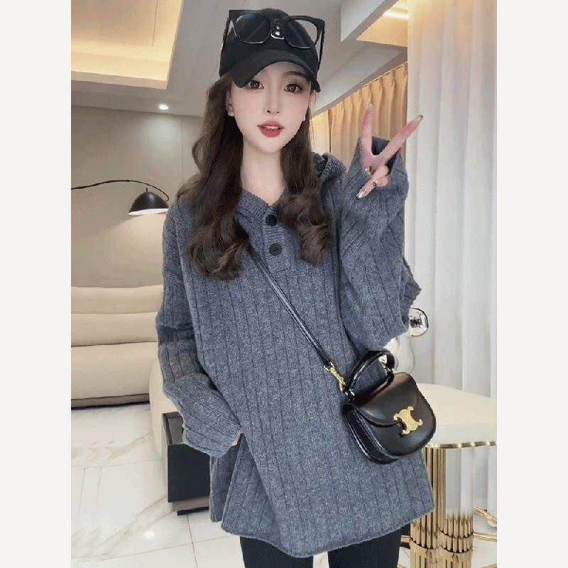 中长款羊绒连帽针织毛衣女2025秋冬季新款宽松加厚遮屁股灰色上衣