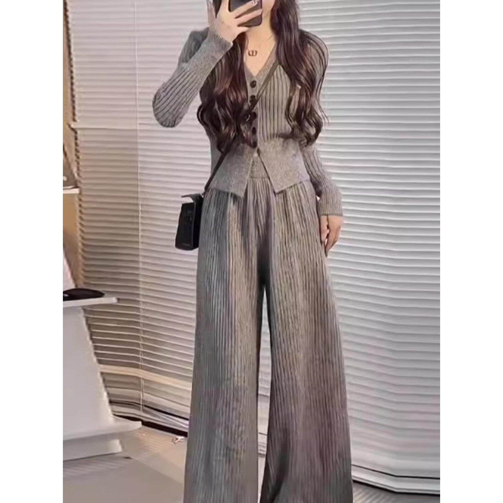 欧洲站2024秋冬新款女装时尚休闲阔腿裤套装优雅修身针织两件套