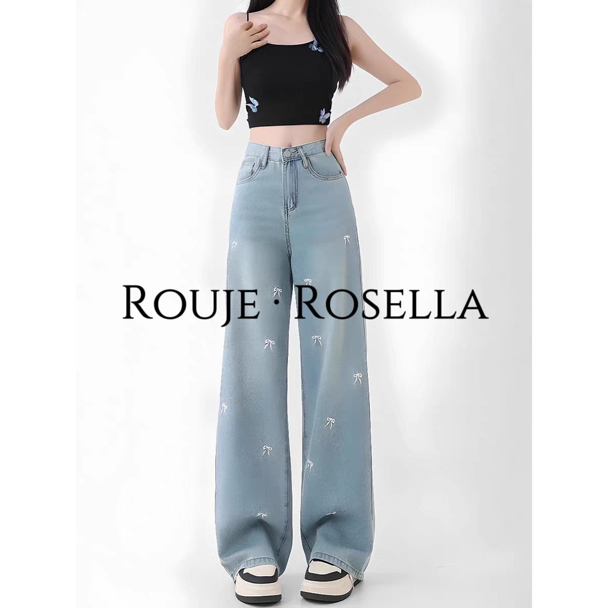 法国Rouje Rosella⭐法式蝴蝶结刺绣阔腿牛仔裤女夏薄宽松直筒裤