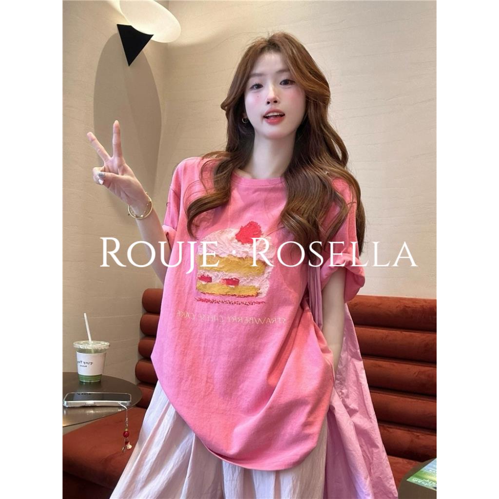 法国Rouje Rosella⭐多巴胺穿搭粉色卡通印花短袖t恤女夏季上衣