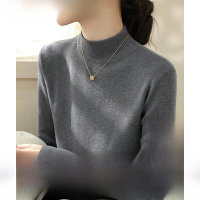 灰色半高领内搭100%羊毛针织衫女装秋冬新款高级长袖修身打底上衣