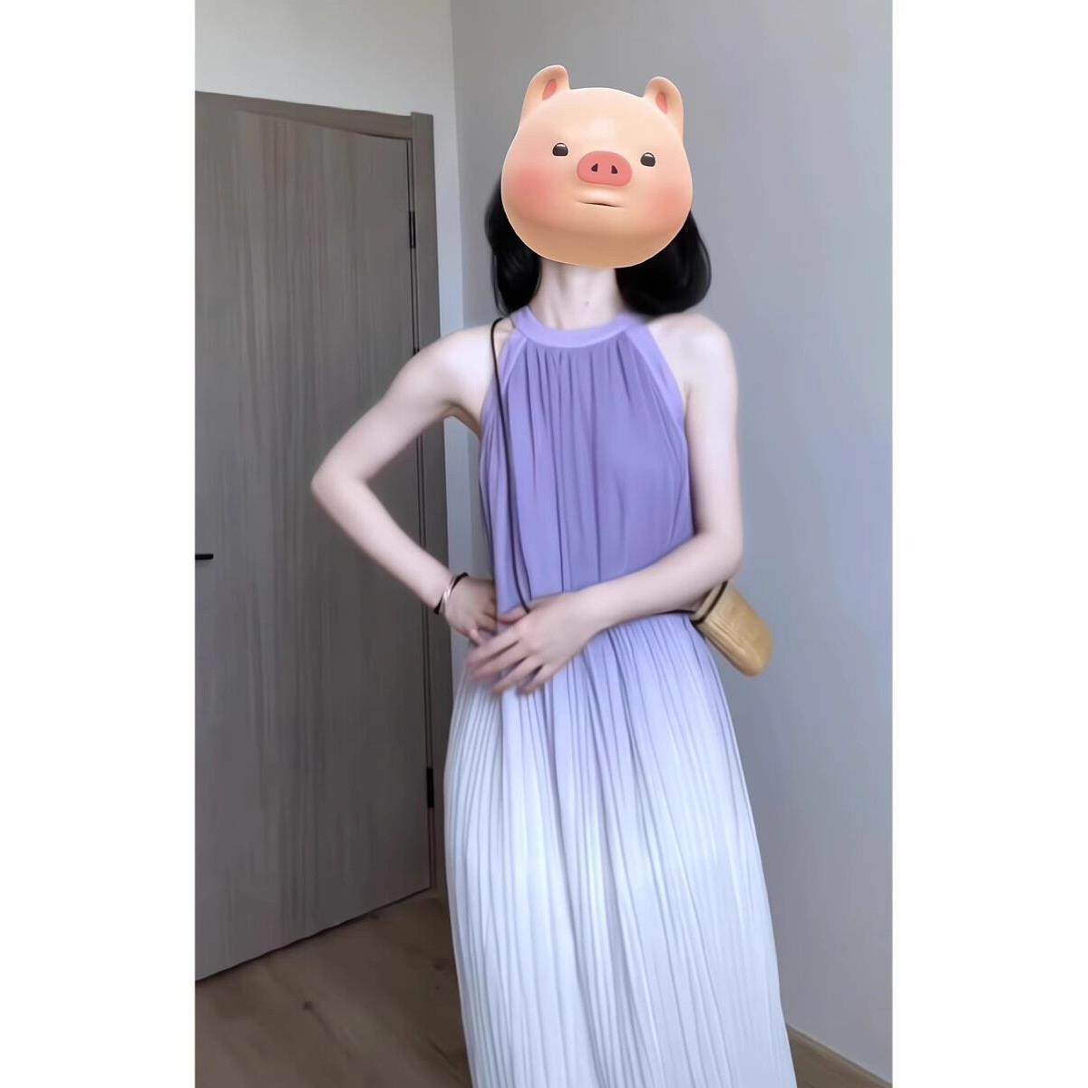 LILY MOST法式紫色渐变挂脖吊带连衣裙无袖背心裙子海边度假长裙